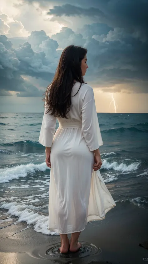 best quality,4k,8k,Ultra high resolution ,masterpiece:1.2),ultra-detailed,(realistic,photorealistic,photo-realistic:1.4), Jesus, clothed in a great white robe, sits above the raging sea. The sky is covered with dark clouds.
Full body back view,back view,
H...