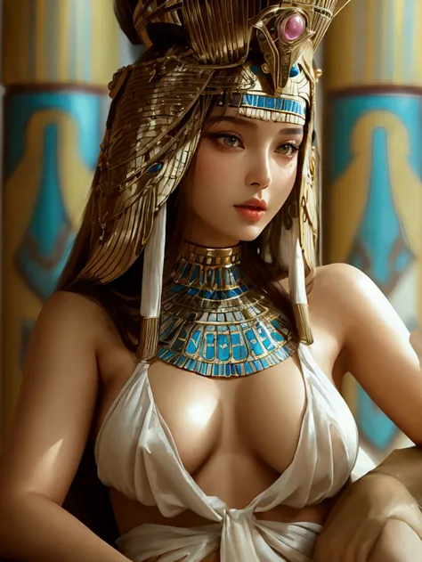 Create an image of a beautiful woman wearing a sexy ancient Egyptian queen outfit. She has a slender face, sharp eyes, long hair, an angled face, a high nose, thin lips, a chest size of 32 inches, a waist size of 24 inches, hips size 33 inches, her skin is...