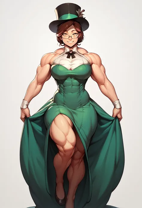 Muscular,women,female,top hat,brown hair,yellow eyes,elegant Green dress,long dress,Glasses,an exposed leg,smile ,solo,breasts,,dock,bay,(Hypermuscle:1.2),front View,innerboobs,