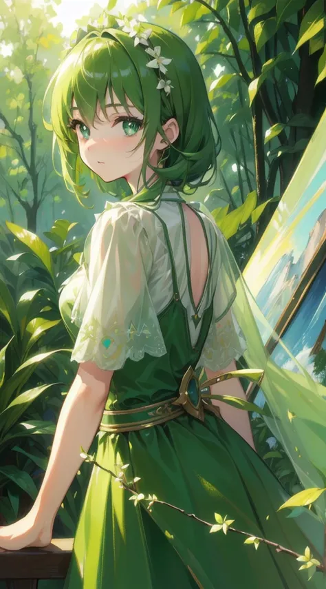 masterpiece, Great painting, Green, One girl, cute, (Dynamic Light: 1.2), Cinematic Light, Delicate facial features, Detailed eyes, Sharp pupils, Realistic students, Depth of written boundary, Background blur, Clear focus, (Super detailed, Hello, Shine: 1....