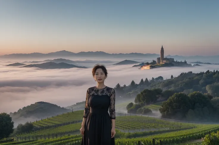 travel to italy, italian countryside dawn, foggy vineyard, endless vineyard, 안개낀 standing on a high hill. The cathedral can be seen in the distance through the fog... The morning sun comes brightly. ((korean mature, 55 year old woman)), alone, ((wrinkles a...