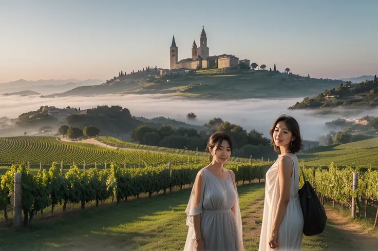 travel to italy, italian countryside dawn, foggy vineyard, endless vineyard, 안개낀 standing on a high hill. The cathedral can be seen in the distance through the fog... The morning sun comes brightly. ((korean mature, 55 year old woman)), alone, ((wrinkles a...