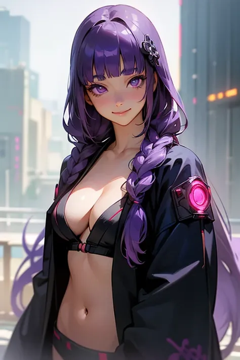 1 girl, Blunt bangs, Braiding, Wide sleeves, hair ornaments,Obi says, (Purple Hair:1.2), Very long hair, Straight hair, Looking at the audience, Highly detailed background, (Realistic:1.2), Beautiful Eyes, Red eyeshadow, thigh, (Urzan-6500:0.7), Upper Body...