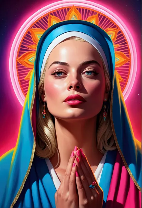 virgin mary art：Alessandro Pautasso, Vibrant fan art, Colorful movie art, Vivid color hyperrealism, Vivid cartoon art, rossdraws cartoon vibrant,Neon Operator Margot Robbie, art germ colorful!!!