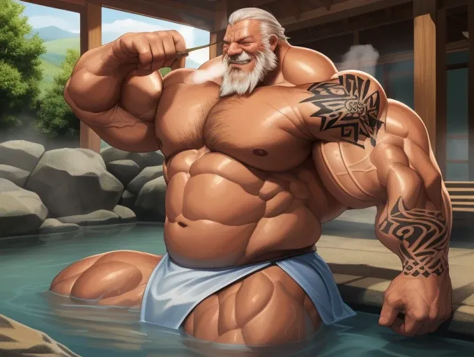 huge muscular old man soaking in an open onsen, white and short hair, white beard, old, old man, grandpa, half submerged, huge s...