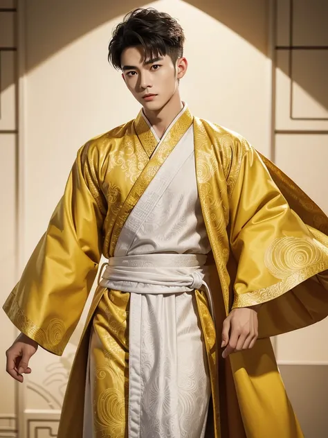 1 Handsome chinese slim guy, 20 years old,  Hair combed smoothly, A pattern of yellow-white martial art clothes with wind motif and robe for male. The design is inspired by hanfu.