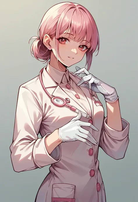 1girl, bangs, ((white surgical gloves)), ((surgical gloves)), ((latex gloves)), ((((long sleeves)))), looking at viewer, ((pink doctor outfit)), standing, solo