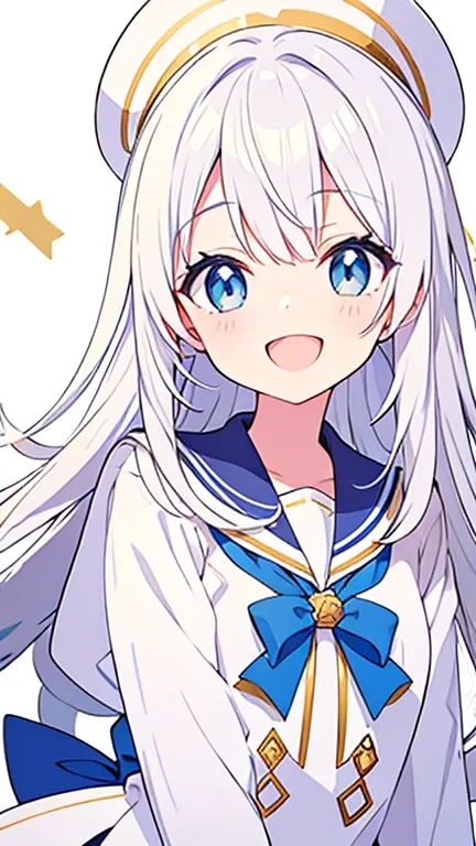 Smiling and open mouth、White hat with gold decoration、Long white hair、Sailor&#39;White uniform