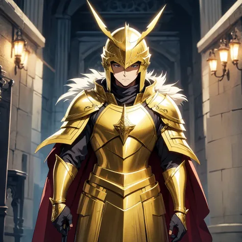 anime style, knight standing near the gate, his armor is golden, and the cloak is white. In his right hand he has a halberd. Face covered with helmet 