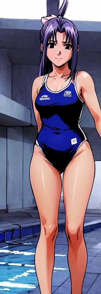 momoko koigakubo, a tall woman with beautiful legs, is standing by an indoor pool in a bright blue high-cut competitive swimsuit...