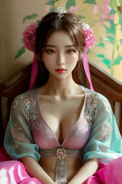 Create an image of a beautiful woman wearing sexy traditional Korean lingerie. She has a slender face, sharp eyes, long hair, an angled face, a high nose, thin lips, a chest size of 32 inches, a waist size of 24 inches, hips size 33 inches, her skin is bri...