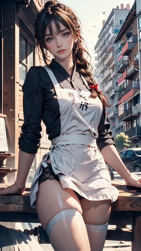 One girl,feet,a girl at building,(((building))),  Braided bangs,Braided Ponytail,(alone:1.2),apron,Thick thighs,Side tie panties, Black Hair, 16 years,View your viewers, sunlight,Hanfu, 、Sexy proportions