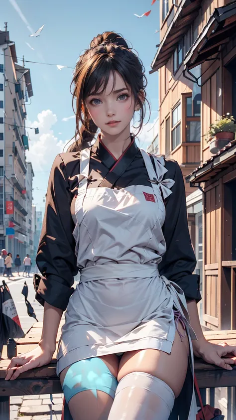 One girl,feet,a girl at building,(((building))),  Braided bangs,Braided Ponytail,(alone:1.2),apron,Thick thighs,Side tie panties, Black Hair, 16 years,View your viewers, sunlight,Hanfu, 、Sexy proportions