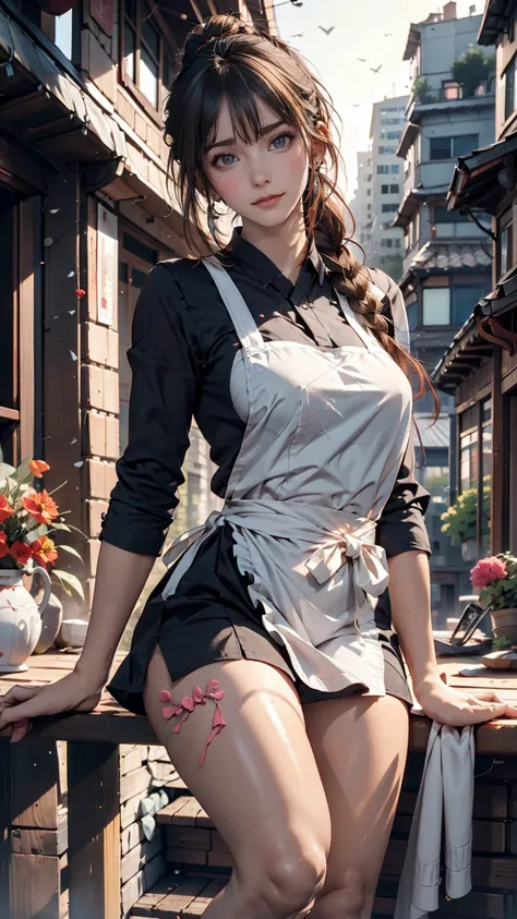 One girl,feet,a girl at building,(((building))),  Braided bangs,Braided Ponytail,(alone:1.2),apron,Thick thighs,Side tie panties, Black Hair, 16 years,View your viewers, sunlight,Hanfu, 、Sexy proportions