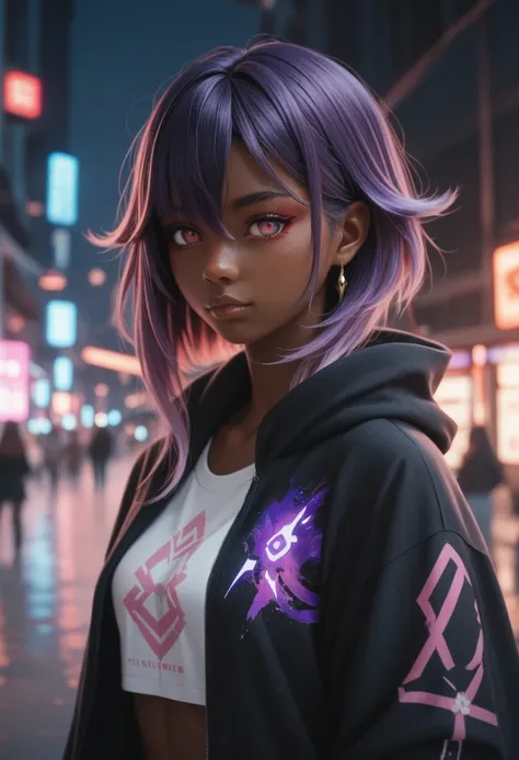 women, genshin impact Oc, pink eyes, Dark skin, dark skin color, pink eyes, black and purple hair, electro vision, clothes similar to inazuma&#39;s and somewhat japanese, short clothes but not too long, loose hair and shoulder-length hair, color clothes: V...