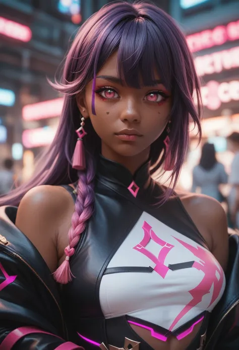 women, genshin impact oc, pink eyes, dark skin, dark skin color, pink eyes, black and purple hair, electro vision, clothes simil...