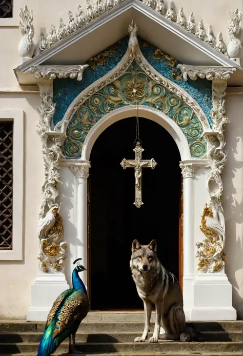 photograph、Catholic church portico、dim、A wolf and a peacock