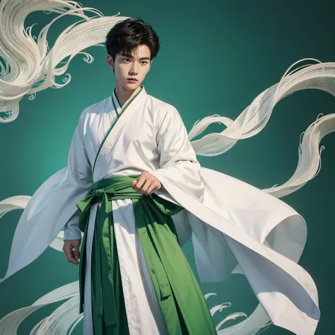 1 Handsome chinese slim guy, 20 years old,  Hair combed smoothly, A pattern of green-white martial art clothes with wind motif and robe for male. The design is inspired by hanfu.