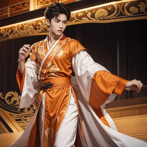 1 Handsome chinese slim guy, 20 years old,  Hair combed smoothly, A pattern of orange-white martial art clothes with wind motif and robe for male. The design is inspired by hanfu.