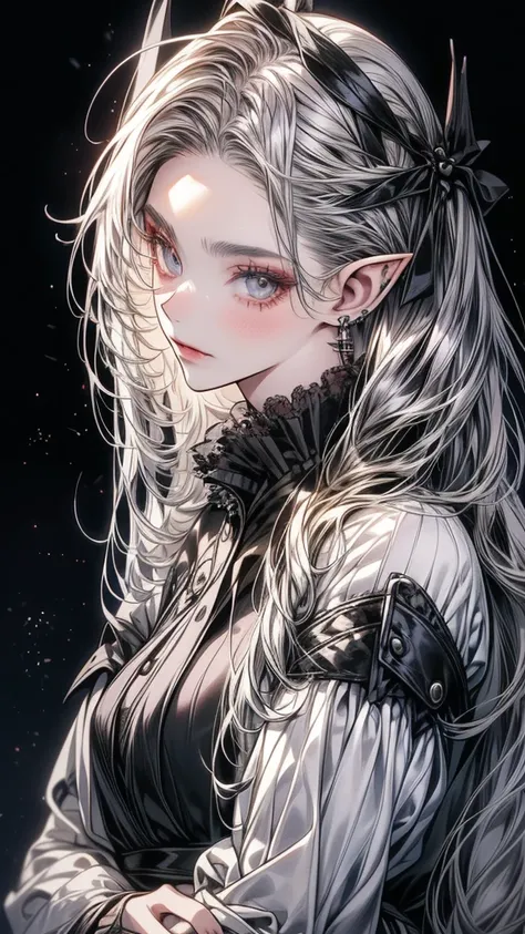 One beautiful woman, a vampire woman,elf ears,
long hairstyle 、silver hair color , grey eyes、
Two-tone hair colors,small face、anime makeup、"A girl with a cute and androgynous face"、white skin、cute eyes、Very thin eyebrows、tall、stylish black luxury fashion、s...