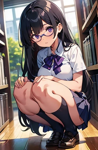 Elementary school girl　8-year-old　Large Breasts　Black Hair　Long Hair　Purple eyes　1 person　Glasses　naked　White socks　　School Library　Squat　Dynamic Angle　Low Angle