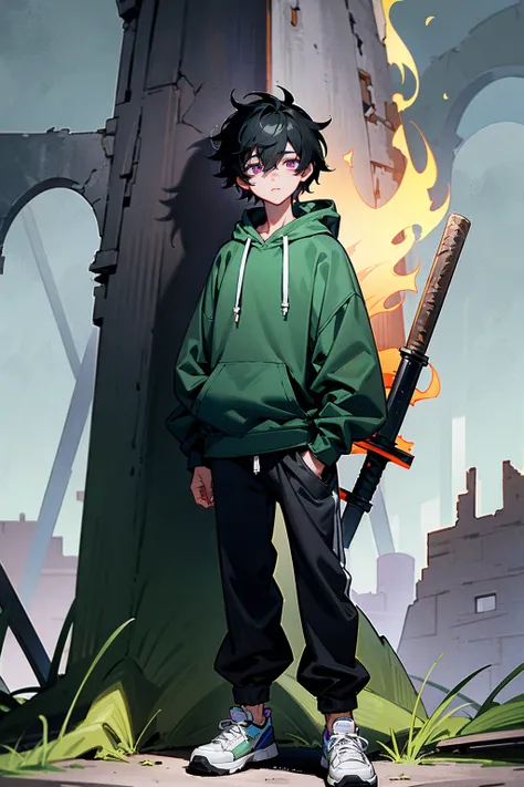 Masterpiece, 8k, a teenage boy with messy black hair and bright violet eyes. He is wearing a dark green hoodie with knights armor underneath, baggy grey joggers, and white sneakers. The backdrop is a ruined castle trail with flaming torches around. Standin...