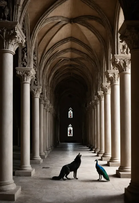 photograph、Inside the colonnade of a Catholic church、dim、Gothic architecture、A wolf and a peacock