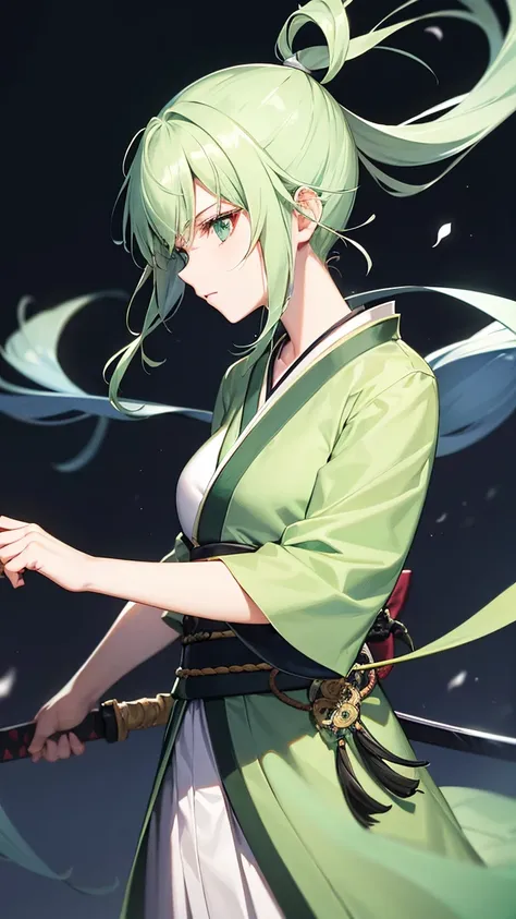 20-year-old female、Swordsman、Pale green kimono、Long green hair tied back、Gentle expression、Equipped with a sword、