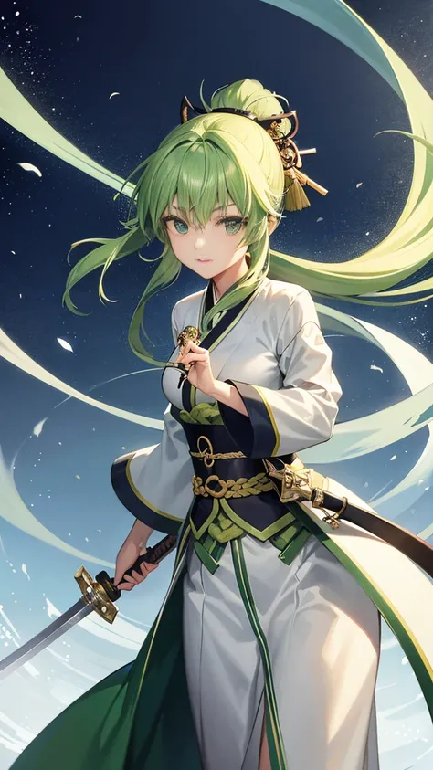 20-year-old female、Swordsman、Pale green kimono、Long green hair tied back、Gentle expression、Equipped with a sword、