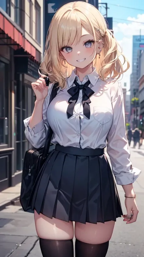 (masterpiece、best quality、Very detailed))、A girl、promote、Blonde、Long hair、Straight Hair、Gray eyes、Evil smile、((Grin))、((A lot of piercings))、Large Breasts、((White collared shirt))、((Black pleated skirt))、((mini skirt))、Cowboy shooting、Downtown Background