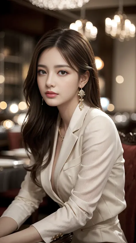 masterpiece, Highest quality, Realistic, Very detailed, Finer details, High resolution, 8k wallpaper, One beautiful woman, Wear a nice suit, In a great restaurant, At night, Light brown messy hair, Perfect dynamic composition, Beautiful and beautiful eyes、...