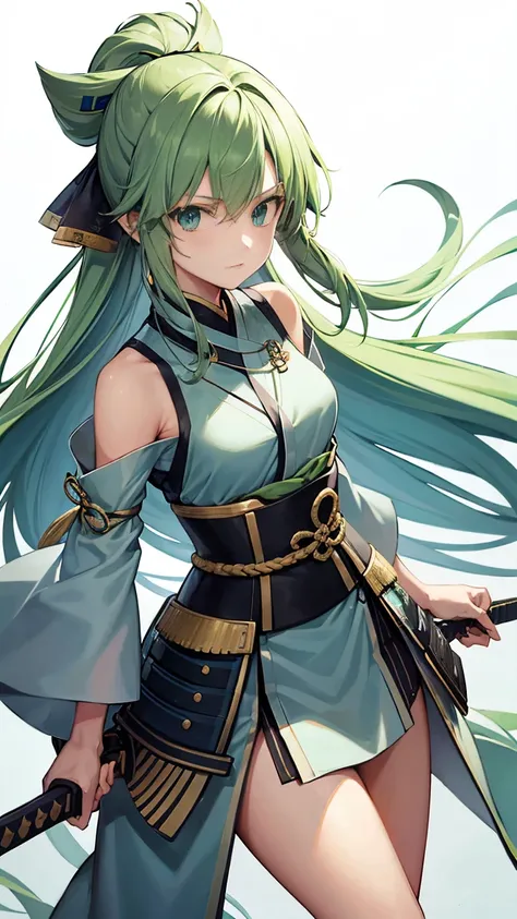 20-year-old female、Swordsman、Pale green kimono、Long green hair tied back、Gentle expression、Equipped with a sword、