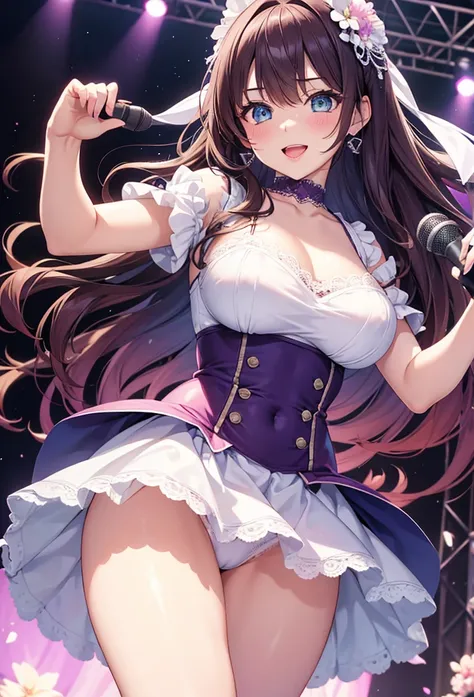 A close-up of a beautiful girl wearing a dress on a stage, anime girl, wearing a purple idol costume, short sleeves, choker with a bow, low-cut chest, long white stockings with lace, looks like a model, singing and dancing on a stage, have a microphone, da...