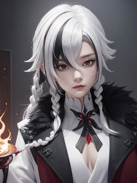 （，4K，high resolution，masterpiece：1.2），Ultra-detailed，Realism，White hair，Black Hair，Colorful Hair, hair，curly Hair，White hair long braid，Glowing red eyes，Red X pupil（focus），Huge ，naughty girl，Low collar white collar，Stand on tiptoe，Long legajor，Portrait，Bea...