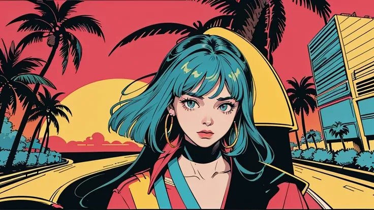 retro girl, Miami, sunset, ferrari, palm tree, The 90s, (flat colors, Smooth texture, line art:1.2), graphic design, (Heavy ink, black ink),