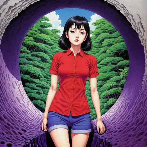 Masterpiece: Woman in a red shirt standing in a purple hole, junji itos uzumaki, Junjiko artwork, This is a subtle Junji, This Junji Art, Junji Ito style, This is Junji&#39;s art style, That&#39;s Junji&#39;s style., dizzy manga, style of satoshi kon, Junj...