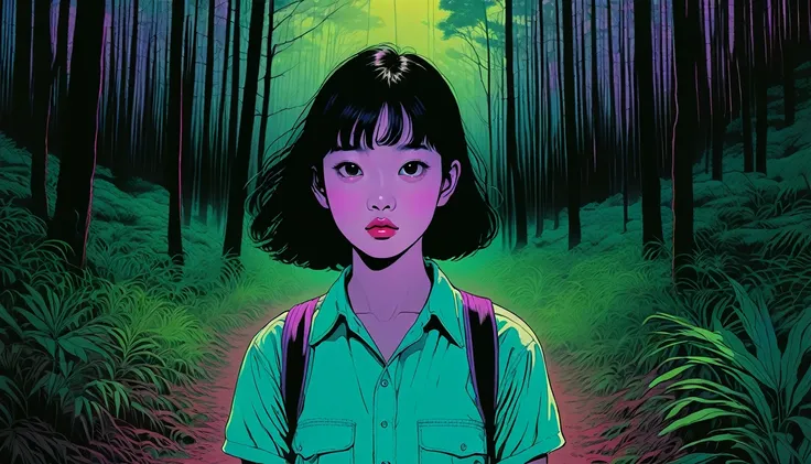 An illustration、art、80s Thai horror movie poster, Supervised by Junji Ito、(forest:1.2)、High 、Attention to detail, Realistic Shadows、Analog Style, chromatic aberration, Surrealism、Complementary Gradient