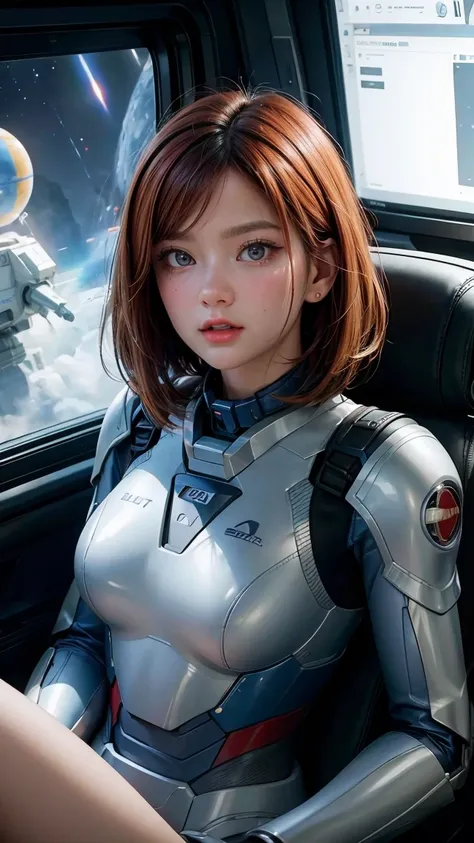 Absurd resolution, high resolution, (masterpiece: 1.4), hyper-detail, 1 young woman, short red hair, pilot suit, rich princess, sitting in an extremely narrow and closed mecha control room looking out the window, the window is the space universe can see th...