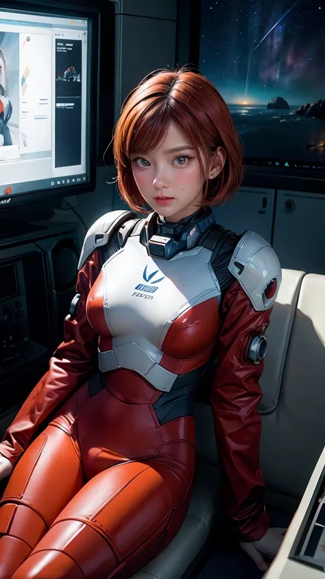 absurd resolution, high resolution, (masterpiece: 1.4), hyper-detail, 1 young woman, short red hair, pilot suit, rich princess, ...