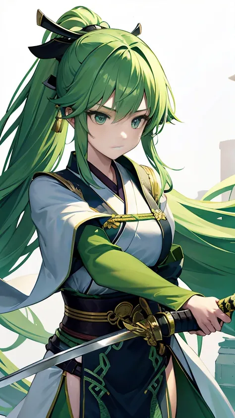 20-year-old female、Swordsman、Pale green kimono、Long green hair tied back、Gentle expression、Equipped with a sword、