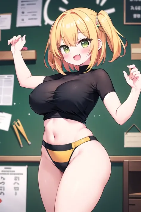 Cute naughty martial artist, Pastel colors hair, (huge breasts:1.2, Thighs:1.2, thick legs:1.2, curvy:1.2), yellow orange hair, (undercut:2.0, short two side up:1.2, medium hair:1.3), (naked:1.4), standard height, (blush:1.2, fang:1.2, ;d), at the adventur...