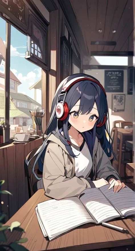 A cute girl is studying with her notebook open in an old coffee shop while wearing headphones。The table is messy、The whole desk is visible。There is coffee。Madhouse-like colors、A touch like Makoto Shinkai