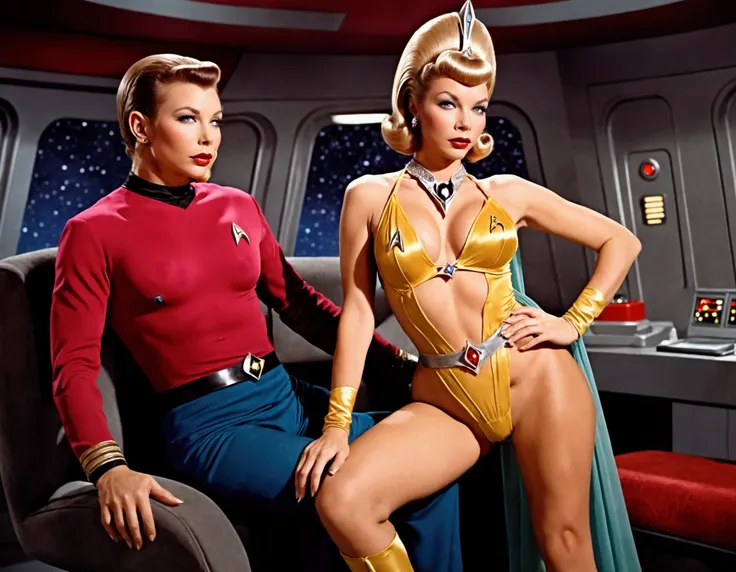 (safe for work, enough clothing to cover objectionable parts making it safe for work) An alien princess, dressed in flashy body jewelry and sheer colorful silks tells Captain Kirk she has never experienced this Love. Seductive poses, sultry stare (50s star...