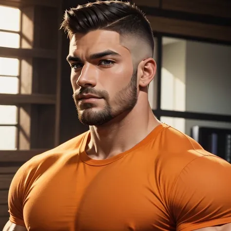 a very handsome man, with mid fade haircut, massively muscular, massively large muscles, wearing an orange shirt, seen very close up