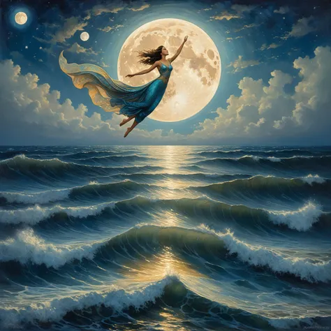 a painting of a woman flying over the ocean with a full moon, rob rey, by Alexander Kucharsky, moon goddess, inspired by Jakub Schikaneder, goddess of the moon, by John Moonan, floating across the cosmic ocean, james r. eads, by Jakub Schikaneder, by Broth...