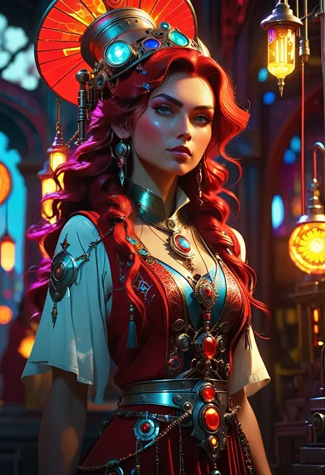 Ava Red, the Wizard of Magical Colors, mechanical priestess, Honky Tonk Girl, hyper-detailed, 8k, beautiful, cinematic lighting, in Training, Trending on Artstation, rule of thirds, beautiful illustration --uplight