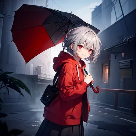 (((((1 person　Gray Hair、short hair　Black and red outfit、hoodie)))))　((((High resolution　Use an umbrella　Black long skirt))))　(((smile　Red eyes)))　((in the rain　Blowing in the Wind　Low - Angle))　(Shining Background　Shining Edges)