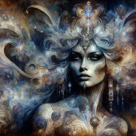 a painting of a woman with a very large head and a very long hair, karol bak uhd, intricate oil painting artwork, elaborate digital art, fantasy woman, portrait of a cosmic goddess, inspired by Karol Bak, beautiful fantasy art portrait, goddess. extremely ...