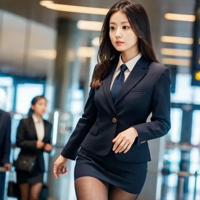 (Realistic:1.4), Professional Lighting, Wearing a navy blue formal business suit, Tight Skirt, Golden ratio walking through the airport, Wearing black stockings