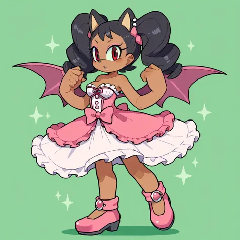 score_9, score_8_up, 2d, cel shading, sonic (series), green background, full body, animal ears, detailed face, 1girl, solo, anthro bat, dark skin, brown fur, black hair, twintails, curly hair, brown eyes, pink bat wings, pink ribbons, pearls, strapless dre...